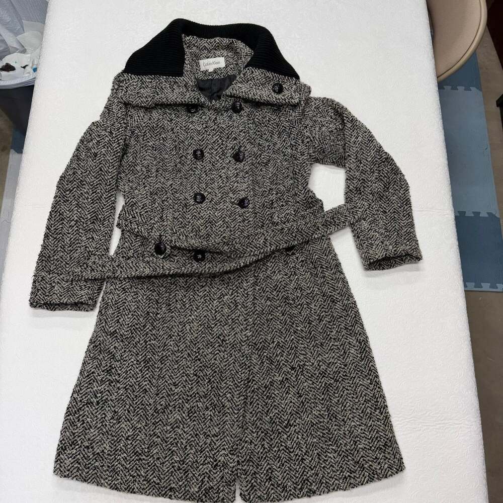 Calvin Klein Trench Coat Womens 12 Wool Tweed Boucle Double Breasted Belted gray
